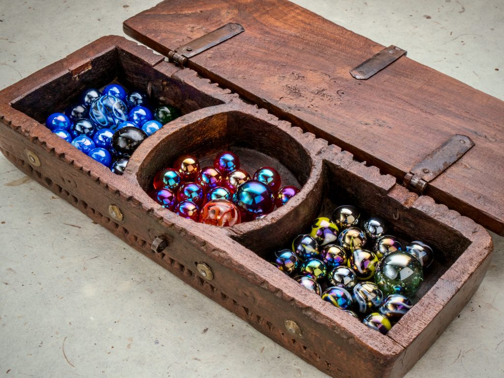 Indian wooden box with glass marbles
